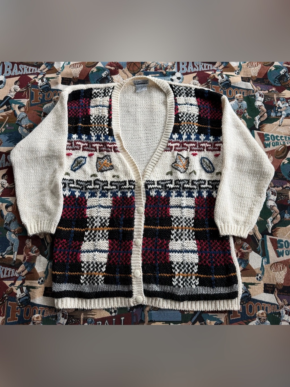 Vintage 90s Women’s Cabin Creek Plaid Knitted Cream Cardigan